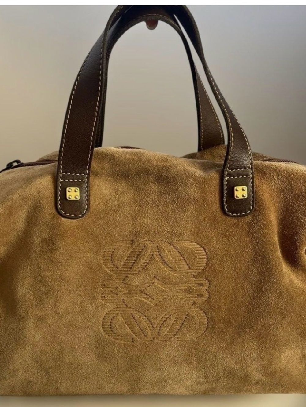 Loewe Tan Suede Boston with Brown Leather Handles - Picture 1 of 7